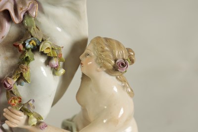 Lot 49 - A 19TH CENTURY MEISSEN FIGURE GROUP OF A BULL WITH A SEATED LADY RIDER AND A FLOWER SELLER