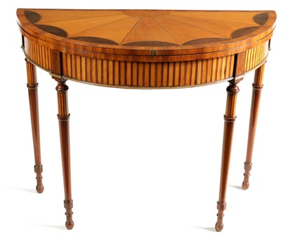 Lot 1045 - A GEORGE III SATINWOOD AND KINGWOOD INLAID CARD TABLE IN THE MANNER OF INCE AND MAYHEW