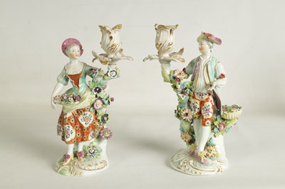 Lot 48 - A PAIR OF 19TH CENTURY DERBY FIGURAL CANDLESTICKS