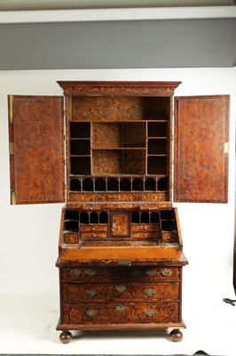 Lot 1020 - A RARE GEORGE I KINGWOOD CROSS-BANDED AND GEOMETRICALLY INLAID MULBERRY VENEERED BUREAU BOOKCASE IN THE MANNER OF COXED AND WOSTER