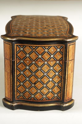 Lot 867 - TAHAN, PARIS. A FINE 19TH CENTURY KINGWOOD AND MOTHER OF PEARL PARQUETRY EBONY BANDED AND BRASS BOUND SERPENTINE TEA CADDY
