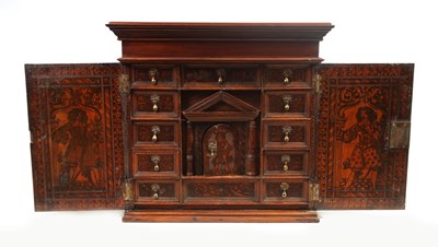 Lot 927 - A 17TH CENTURY CONTINENTAL FRUITWOOD AND PENWORK TABLE CABINET - PROBABLY ITALIAN