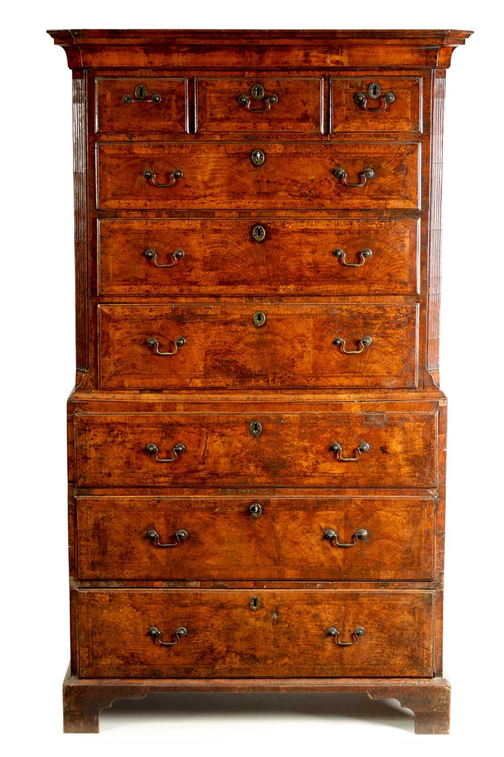 Lot 1260 - A FINE EARLY 18TH CENTURY FIGURED WALNUT CHEST ON CHEST