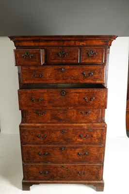 Lot 1260 - A FINE EARLY 18TH CENTURY FIGURED WALNUT CHEST ON CHEST