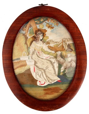 Lot 335 - AN OVAL GEORGE III TAPESTRY PANEL OF A YOUNG...