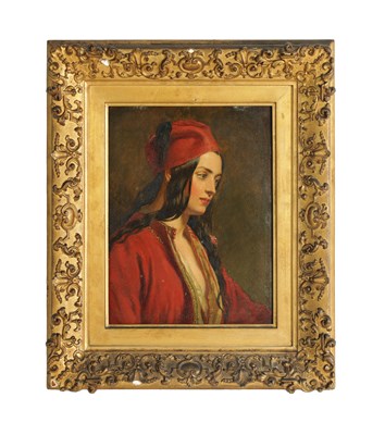 Lot 778 - CHARLES LANDSEER RA. A 19TH CENTURY PORTRAIT OIL ON TIN “THE GREEK GIRL”