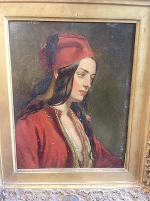 Lot 778 - CHARLES LANDSEER RA. A 19TH CENTURY PORTRAIT OIL ON TIN “THE GREEK GIRL”