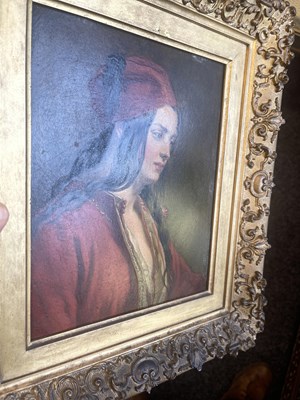 Lot 778 - CHARLES LANDSEER RA. A 19TH CENTURY PORTRAIT OIL ON TIN “THE GREEK GIRL”