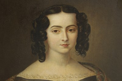 Lot 755 - AN EARLY 19TH CENTURY OIL ON CANVAS - HALF LENGTH PORTRAIT OF A YOUNG LADY