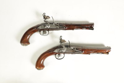 Lot 500 - A PAIR OF 18TH CENTURY SILVER-MOUNTED ENGLISH FLINTLOCK PISTOLS BY BARBAR, LONDON.