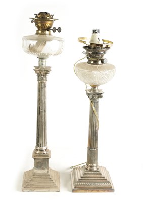 Lot 602 - TWO 19TH CENTURY SILVER PLATED CORINTHIAN COLUMN OIL LAMP BASES