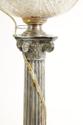 Lot 602 - TWO 19TH CENTURY SILVER PLATED CORINTHIAN COLUMN OIL LAMP BASES