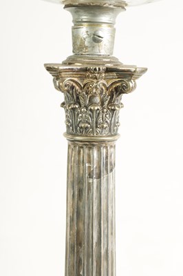 Lot 602 - TWO 19TH CENTURY SILVER PLATED CORINTHIAN COLUMN OIL LAMP BASES