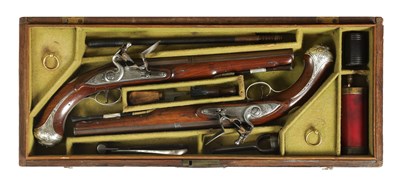 Lot 507 - A CASED PAIR OF 18TH CENTURY SILVER MOUNTED IRISH FLINTLOCK PISTOLS BY EDWARDS, DUBLIN