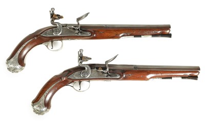 Lot 507 - A CASED PAIR OF 18TH CENTURY SILVER MOUNTED IRISH FLINTLOCK PISTOLS BY EDWARDS, DUBLIN