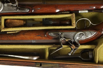 Lot 507 - A CASED PAIR OF 18TH CENTURY SILVER MOUNTED IRISH FLINTLOCK PISTOLS BY EDWARDS, DUBLIN