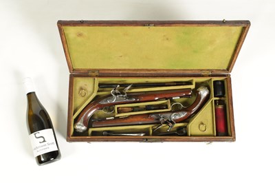 Lot 507 - A CASED PAIR OF 18TH CENTURY SILVER MOUNTED IRISH FLINTLOCK PISTOLS BY EDWARDS, DUBLIN