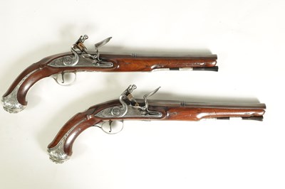 Lot 507 - A CASED PAIR OF 18TH CENTURY SILVER MOUNTED IRISH FLINTLOCK PISTOLS BY EDWARDS, DUBLIN