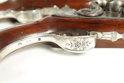 Lot 507 - A CASED PAIR OF 18TH CENTURY SILVER MOUNTED IRISH FLINTLOCK PISTOLS BY EDWARDS, DUBLIN