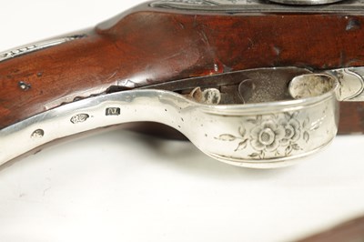 Lot 507 - A CASED PAIR OF 18TH CENTURY SILVER MOUNTED IRISH FLINTLOCK PISTOLS BY EDWARDS, DUBLIN