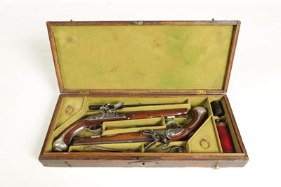 Lot 507 - A CASED PAIR OF 18TH CENTURY SILVER MOUNTED IRISH FLINTLOCK PISTOLS BY EDWARDS, DUBLIN