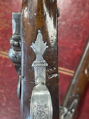 Lot 507 - A CASED PAIR OF 18TH CENTURY SILVER MOUNTED IRISH FLINTLOCK PISTOLS BY EDWARDS, DUBLIN