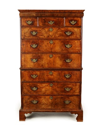 Lot 906 - A GOOD QUEEN ANNE FIGURED WALNUT CHEST ON CHEST OF SMALL SIZE