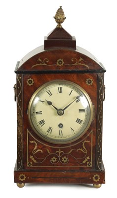 Lot 814 - A SMALL REGENCY BRASS INLAID FUSEE MANTEL CLOCK