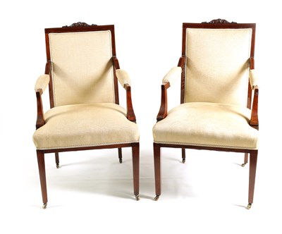 Lot 1040 - A PAIR OF EDWARDIAN INLAID MAHOGANY UPHOLSTERED ARMCHAIRS