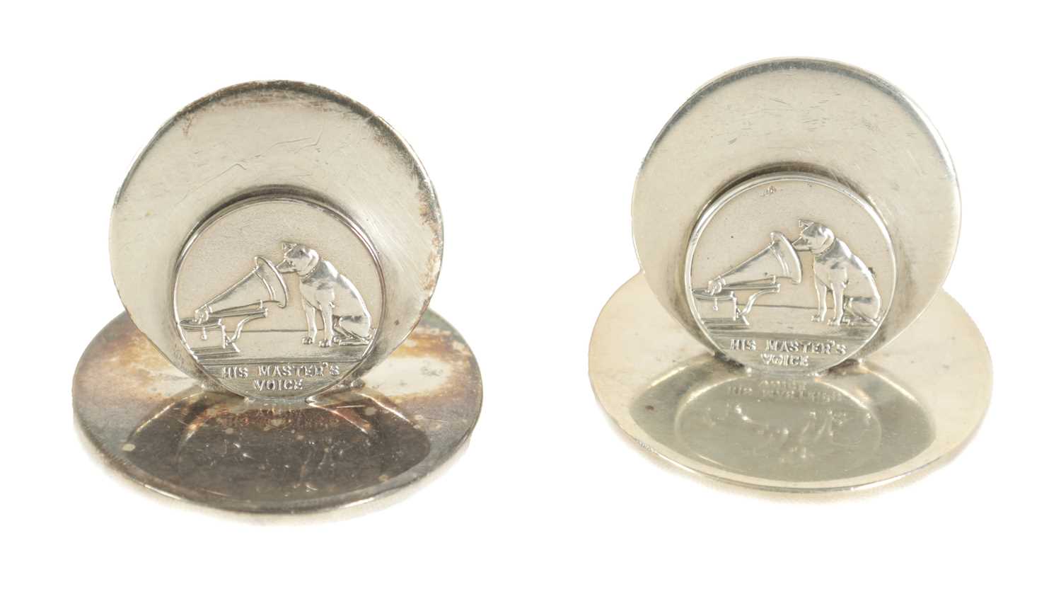 Lot 355 - A PAIR OF SILVER HMV GRAMOPHONE MENU HOLDERS