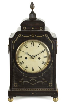 Lot 866 - A SMALL REGENCY BRASS INLAID EBONISED DOUBLE FUSEE MANTEL CLOCK