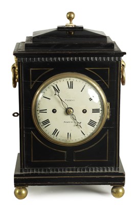 Lot 873 - PRIEST, NORWICH. A SMALL REGENCY BRASS INLAID EBONISED DOUBLE FUSEE MANTEL CLOCK