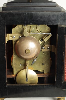 Lot 873 - PRIEST, NORWICH. A SMALL REGENCY BRASS INLAID EBONISED DOUBLE FUSEE MANTEL CLOCK