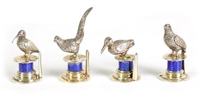 Lot 324 - A CASED SET OF FOUR SILVER AND GUILLOCHE ENAMEL GAME BIRD MENU HOLDERS