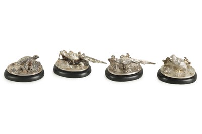 Lot 456 - A SET OF FOUR SILVER GAMEBIRD MENU HOLDERS