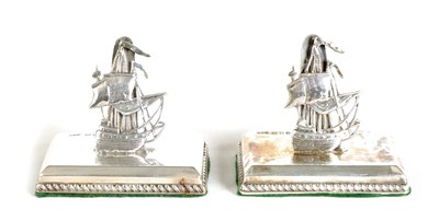 Lot 364 - A NOVELTY PAIR OF SILVER SHIP MENU HOLDERS