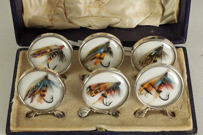 Lot 347 - A CASED SET OF SIX EDWARDIAN FISHING FLY SILVER MENU HOLDERS