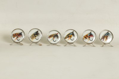 Lot 347 - A CASED SET OF SIX EDWARDIAN FISHING FLY SILVER MENU HOLDERS