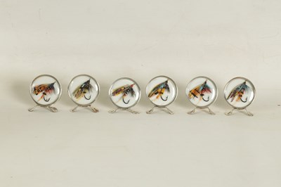 Lot 347 - A CASED SET OF SIX EDWARDIAN FISHING FLY SILVER MENU HOLDERS