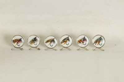 Lot 347 - A CASED SET OF SIX EDWARDIAN FISHING FLY SILVER MENU HOLDERS