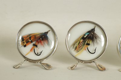 Lot 347 - A CASED SET OF SIX EDWARDIAN FISHING FLY SILVER MENU HOLDERS