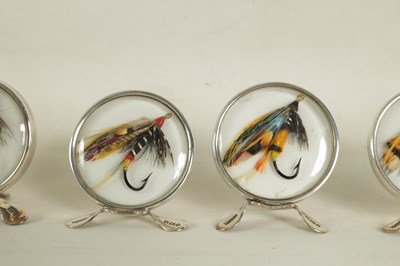 Lot 347 - A CASED SET OF SIX EDWARDIAN FISHING FLY SILVER MENU HOLDERS