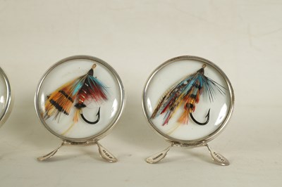 Lot 347 - A CASED SET OF SIX EDWARDIAN FISHING FLY SILVER MENU HOLDERS