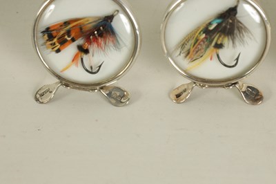 Lot 347 - A CASED SET OF SIX EDWARDIAN FISHING FLY SILVER MENU HOLDERS