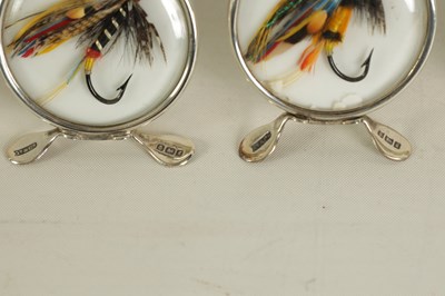 Lot 347 - A CASED SET OF SIX EDWARDIAN FISHING FLY SILVER MENU HOLDERS