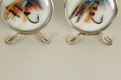 Lot 347 - A CASED SET OF SIX EDWARDIAN FISHING FLY SILVER MENU HOLDERS