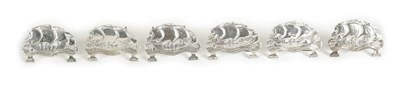 Lot 420 - A SET OF SIX SILVER OMAR RAMSDEN GALLEON MENU HOLDERS