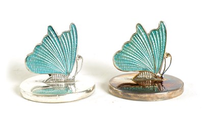 Lot 439 - A PAIR  OF SILVER AND GUILLOCHE ENAMEL BUTTERFLY MENU HOLDERS