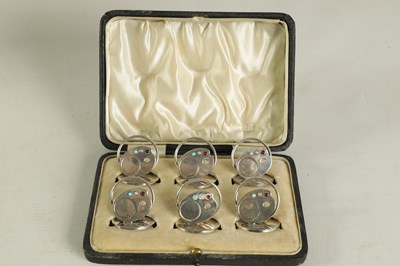 Lot 339 - A CASED SET OF SIX SILVER, TURQUOISE, PEARL AND RUBY ARTIST’S PALLET MENU HOLDERS
