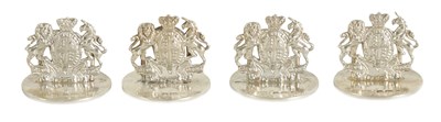 Lot 396 - A SET OF FOUR EDWARDIAN SILVER ROYAL COAT OF ARMS MENU HOLDERS